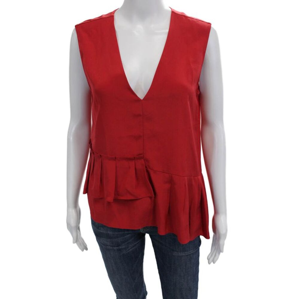 Tibi Womens Silk V-Neck Sleeveless Blouse Red Designer Size 4